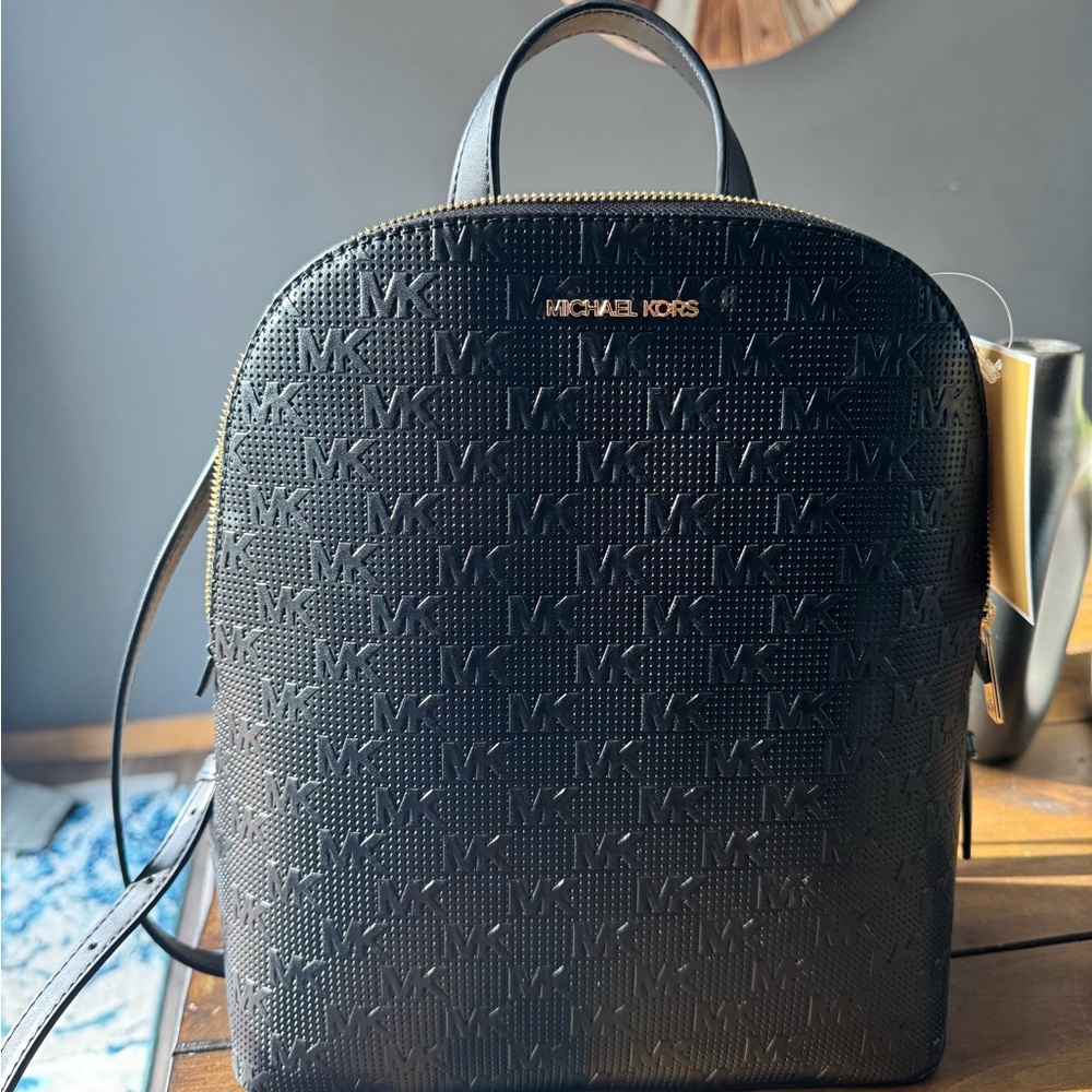 MSRP $378 MICHAEL KORS Cindy Logo- Perforated Faux Leather Backpack NWT